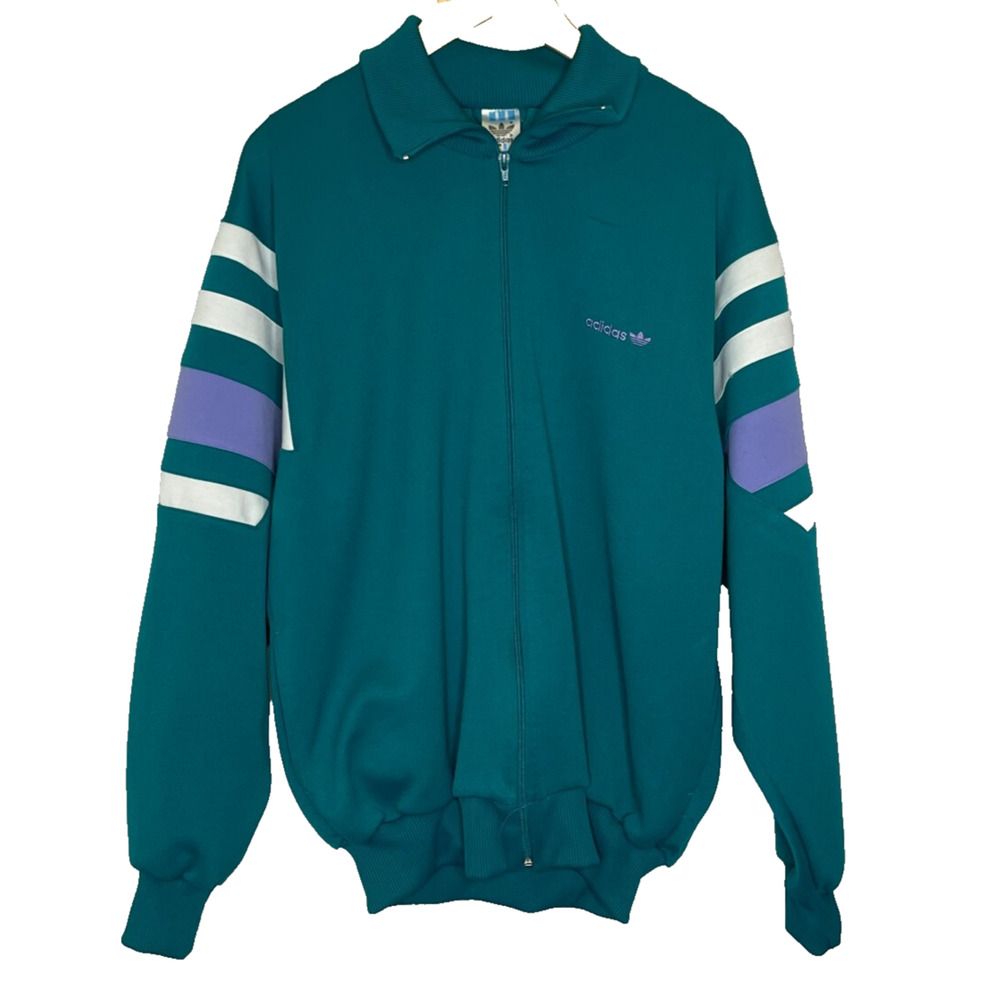 Men's Large Adidas Vintage Three Stripe Full Zip Polyester Starter Jacket Teal